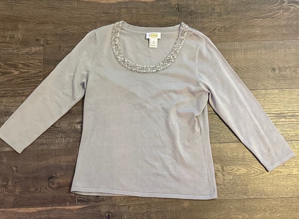 Talbots Womens Bejeweled 3/4 Sleeve Sweater Silk Blend Gray Silky Soft Size M